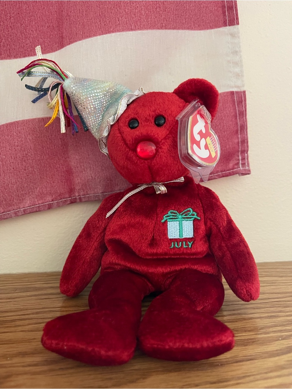 NWT Ty Red July Birthday Bear with Silver Party Hat